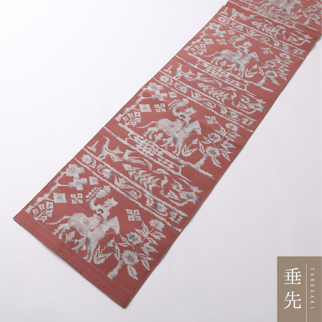 八寸名古屋帯 Aランク 帯丈344cm 正絹 六通 開き仕立て 織り カジュアル 騎馬人物 ピンク系 LP 1245-02958