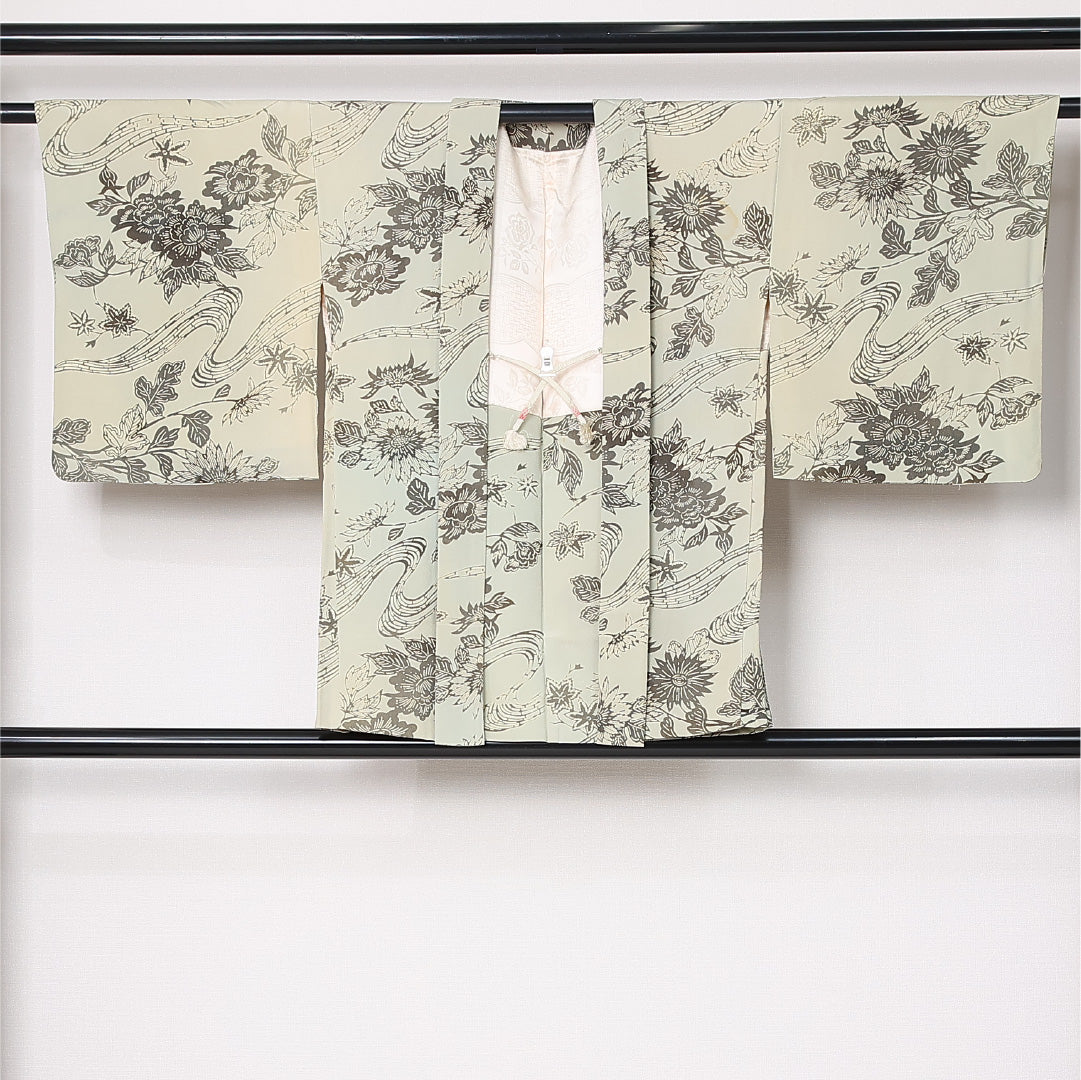羽織 袷 身丈77cm 裄丈64cm 正絹 Cランク カジュアル Mサイズ 紐あり 菊 クリーム系 LP 1232-12919