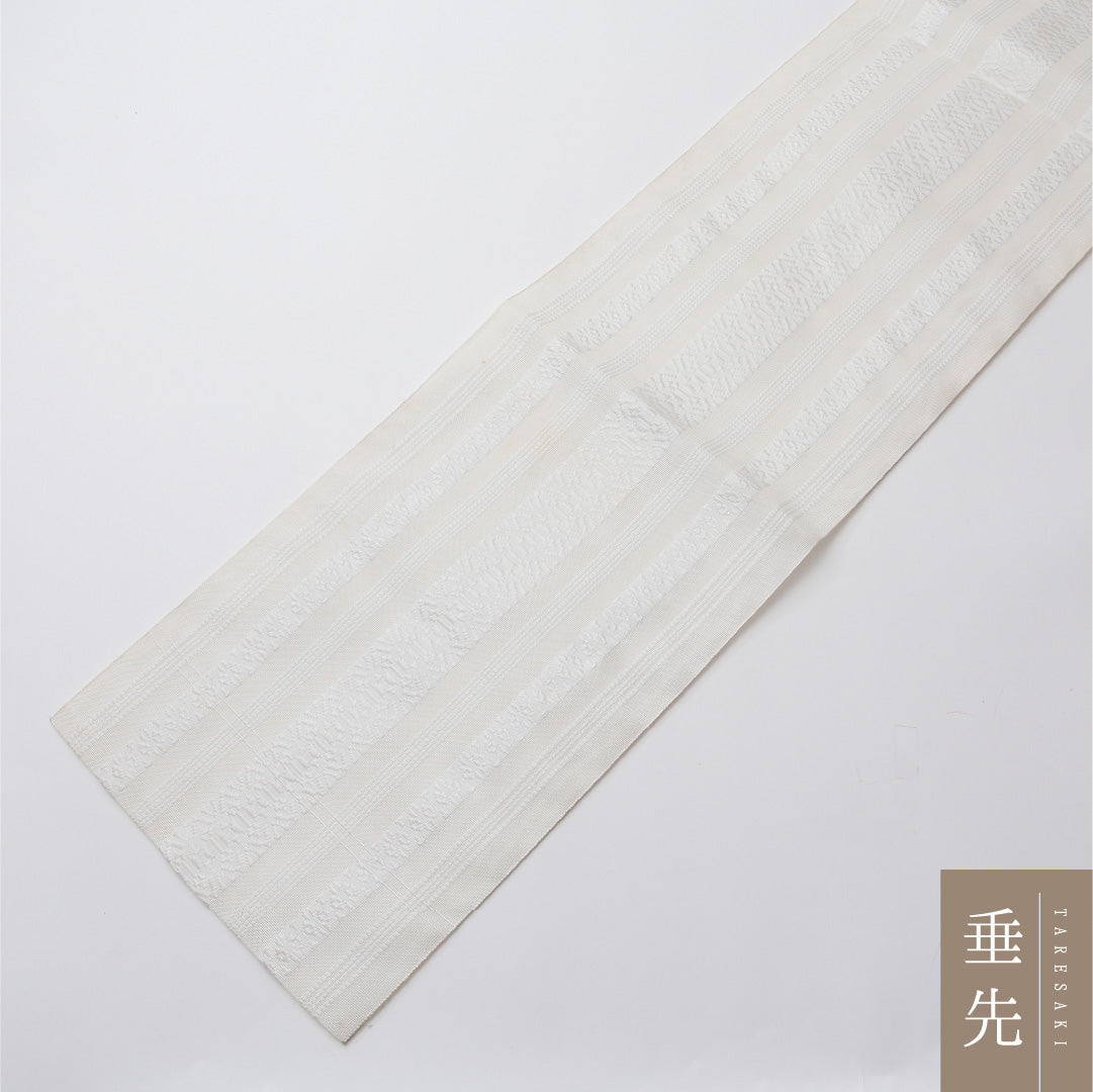 夏物 名古屋帯 全通 帯丈371cm カジュアル Cランク 正絹 献上柄 本場筑前博多織 白系 1224-02089