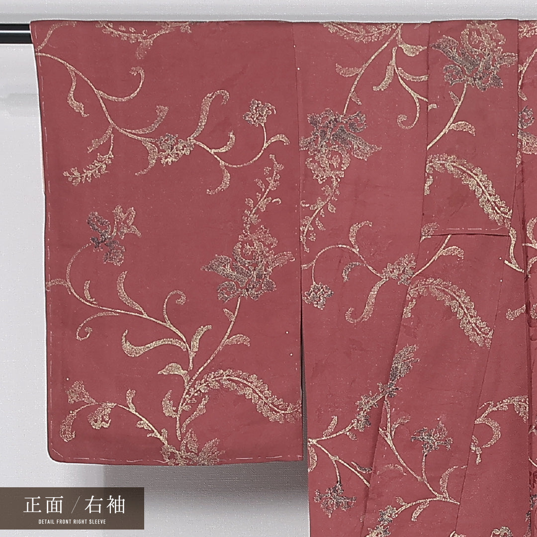アンティーク お召 袷 身丈154cm 裄丈63cm 正絹 Aランク 広衿 Sサイズ 唐華 赤系 M4 1222-11879