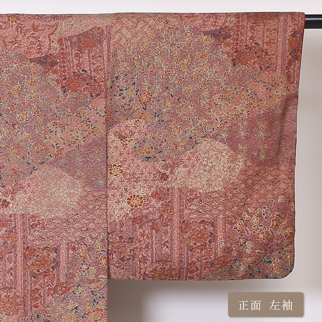 小紋 (錦紗) 袷 身丈165cm 裄丈66cm 正絹 Aランク 広衿 XLサイズ 更紗 茶系 SR 1221-01910