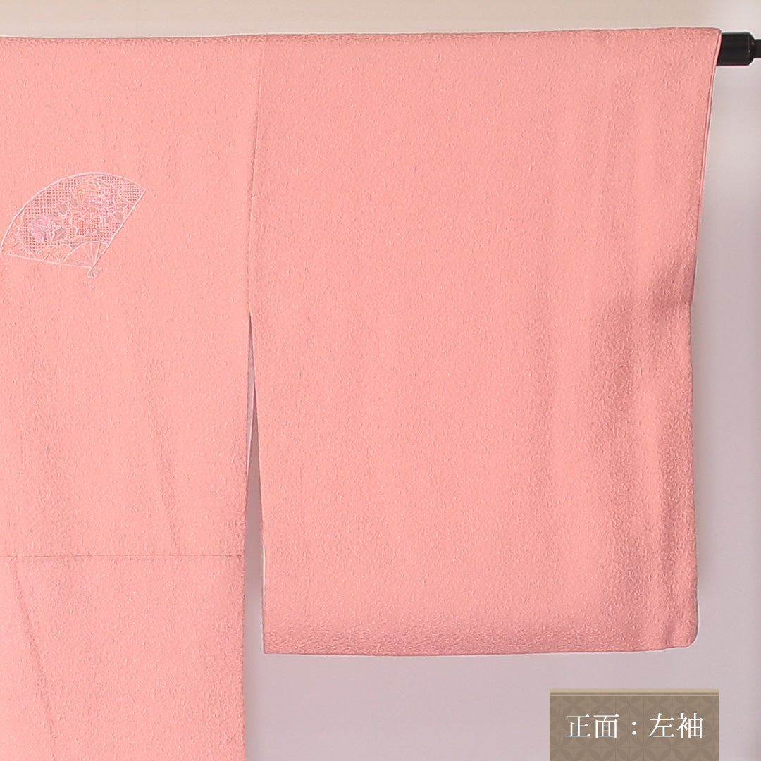 付下げ 袷 身丈165~169cm 裄68cm 正絹 汕頭刺繡 ぼかし 檜扇 ピンク系 ふくれ織 Sランク 1212-00651