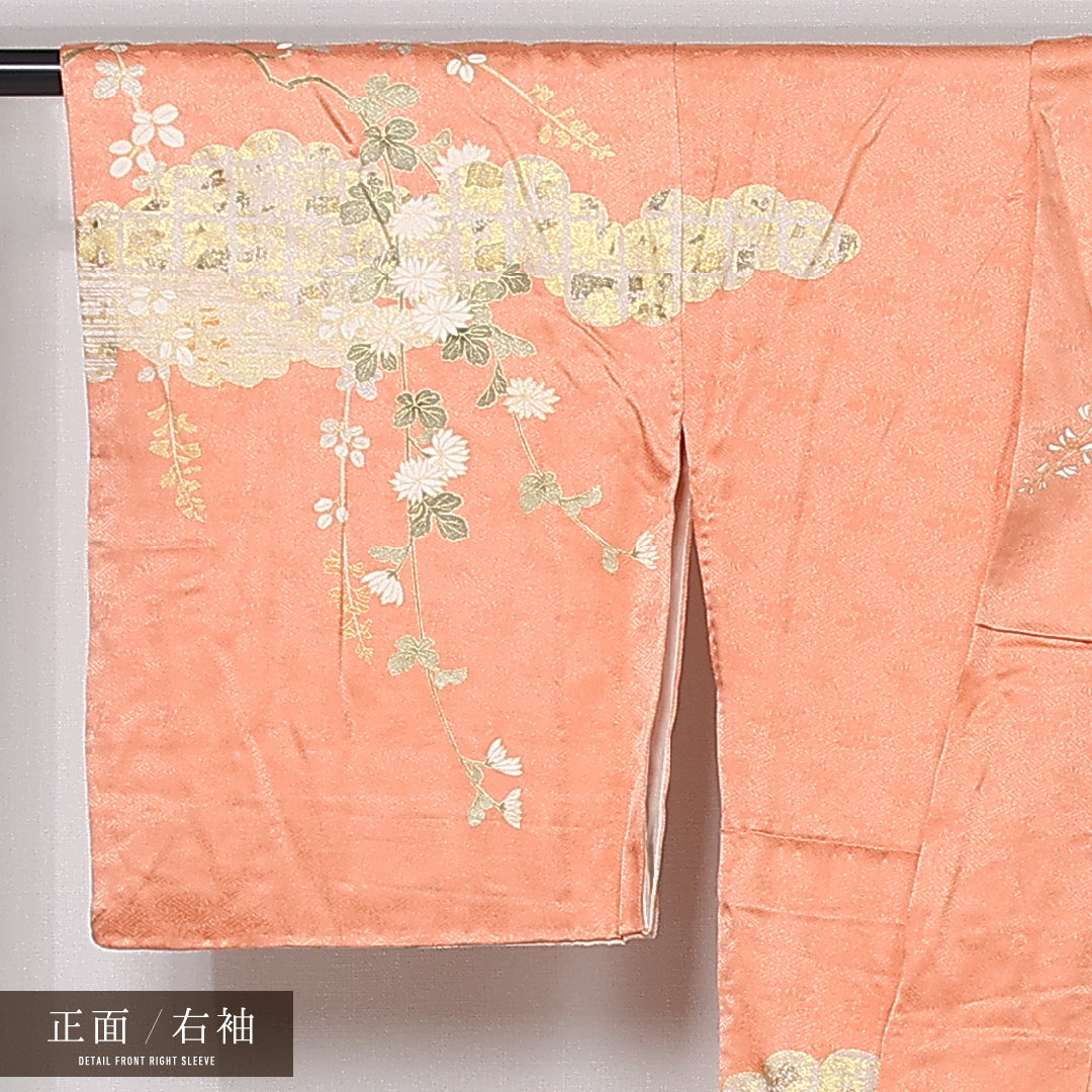 訪問着 袷 身丈163cm 裄丈64cm 正絹 Aランク セミフォーマル 広衿 Lサイズ 雲取り 菊 箔 朱系 M4 1217-12163