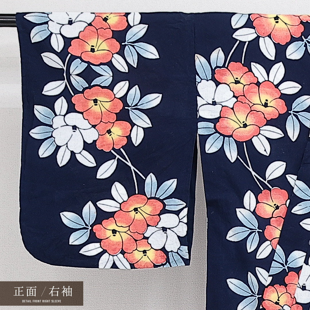 浴衣 夏物 洗える着物 身丈142cm 裄丈60cm Aランク 木綿 バチ衿 XSサイズ カジュアル 花柄 可憐 鮮やか 紺系 1218-14275