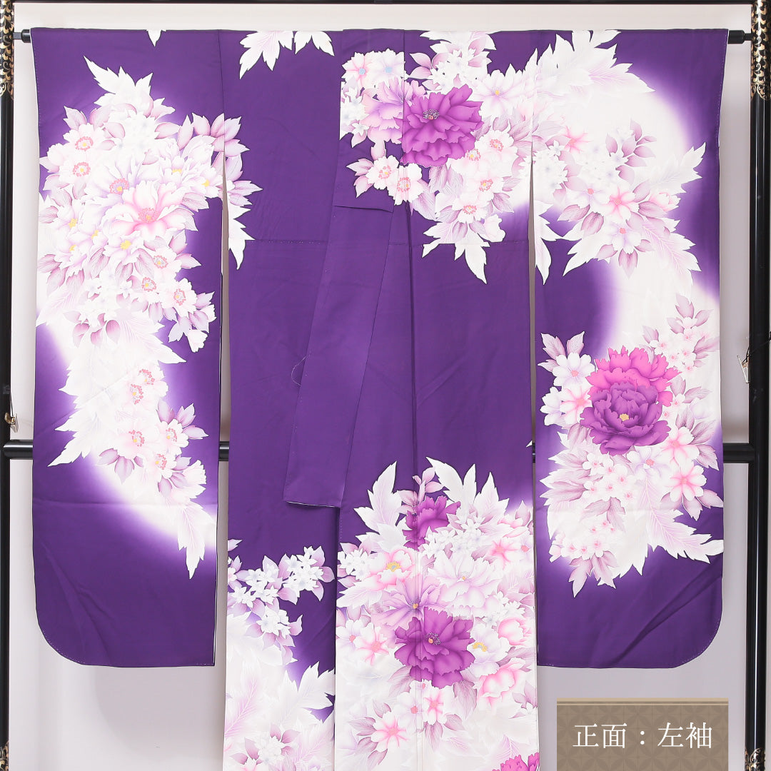 振袖 身丈171cm 裄丈68cm Bランク 袷 正絹 広衿 銀彩 牡丹 桜 1213-F0060
