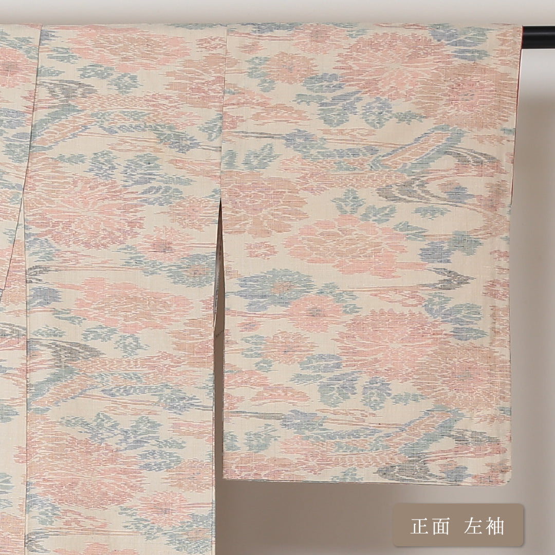 紬 袷 身丈152cm 裄丈63cm 正絹 Sランク カジュアル 広衿 Sサイズ 船 流水 菊 クリーム系 RP 1223-03096