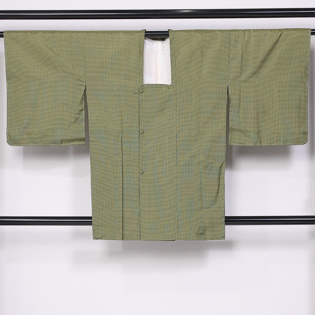 道行コート (大島紬) 袷 身丈87cm 裄丈65cm 正絹 Sランク インフォーマル Mサイズ ポケットあり 格子 緑系 RP 1237-10804