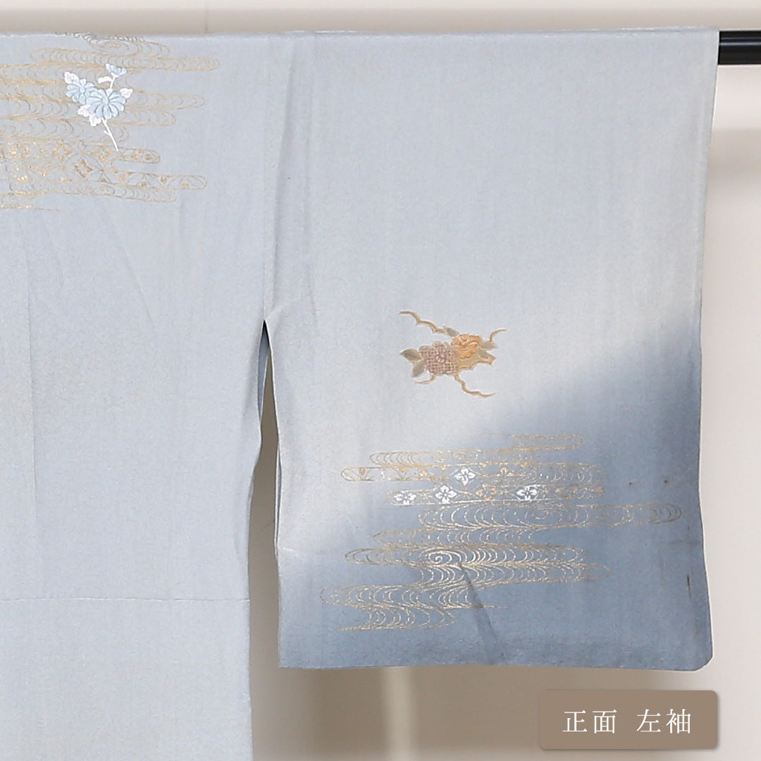 訪問着 袷 身丈159cm 裄丈63cm 正絹 Bランク セミフォーマル 広衿 Mサイズ 金彩 蘇州刺繍 汕頭刺繍 吉祥文様 水色系 HP 1217-04418
