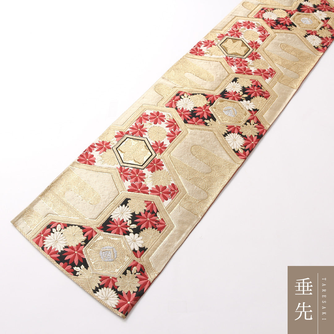 袋帯 帯丈404cm 六通 フォーマル Aランク 正絹 吉祥文様 花柄 古典的 華やか 金系 1223-01720