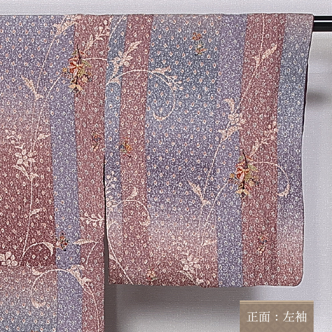 小紋 袷 身丈152cm 裄丈63cm 正絹 Sランク インフォーマル 広衿 Sサイズ たたき染め 唐華 桜 茶系 RP 1221-10981