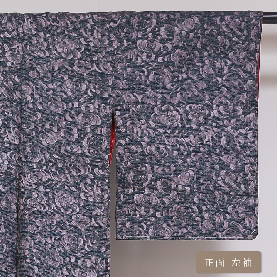 アンティーク 洗える着物 木綿の小紋 袷 身丈146cm 裄丈61cm 木綿 Aランク 広衿 XSサイズ 創作柄 グレー系 SR 1221-01757