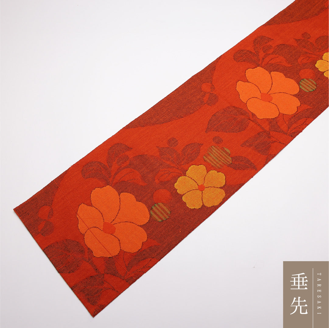 八寸名古屋帯 Sランク 帯丈362cm 正絹 六通 松葉仕立て 織り カジュアル 紬 芙蓉 朱系 LP 1245-01760