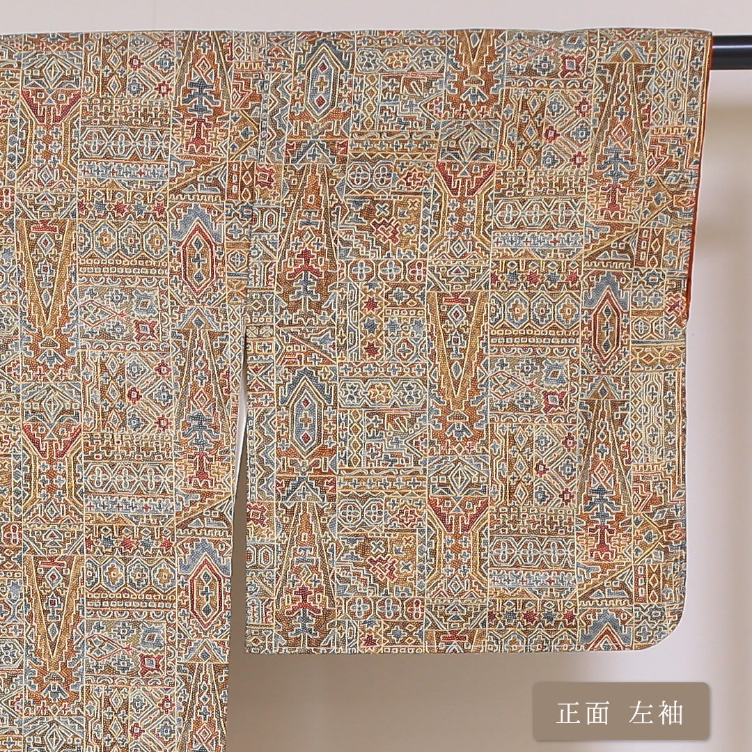 小紋 袷 身丈160cm 裄66.5cm 茶系 型染め モダン 正絹 Aランク しつけ糸 1215-01734-3414