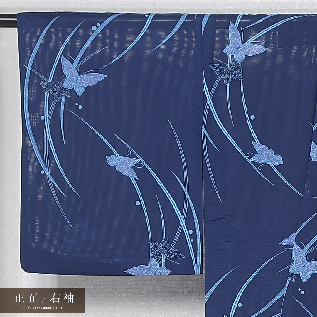 小紋 身丈159cm 裄丈66cm Bランク M 正絹 絽 バチ衿 露芝草 蝶 カジュアル 青系 1215-12160