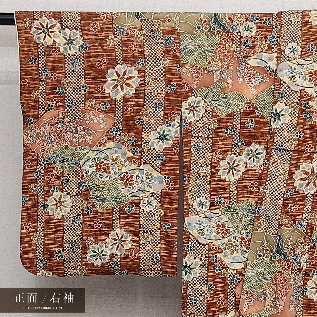 小紋 袷 身丈155cm 裄丈63cm 正絹 Sランク インフォーマル 広衿 Mサイズ 吉祥文様 茶系 RP 1221-14162