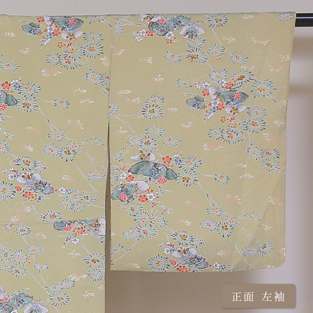 小紋 袷 身丈166cm 裄丈66cm 正絹 Aランク XLサイズ 広衿 インフォーマル ちりめん 梅 松 緑系 茶系 1215-01805