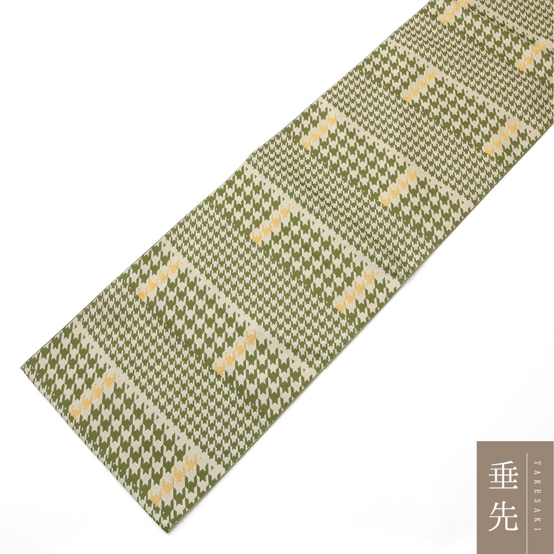 八寸名古屋帯 Sランク 帯丈371cm 正絹 全通 松葉仕立て 織り カジュアル 千鳥 緑系 RP 1245-02090
