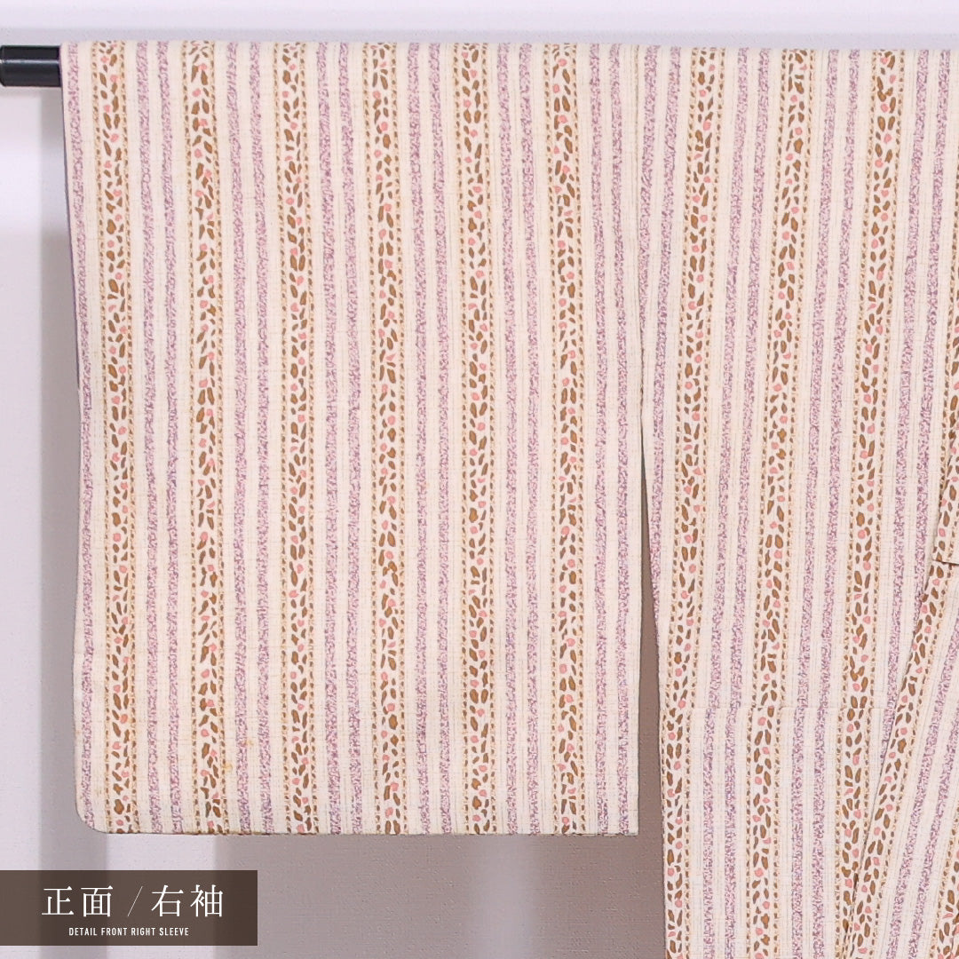 小紋 袷 身丈159cm 裄丈69cm 正絹 Bランク インフォーマル バチ衿 Mサイズ 縞 ベージュ系 RP 1221-11748