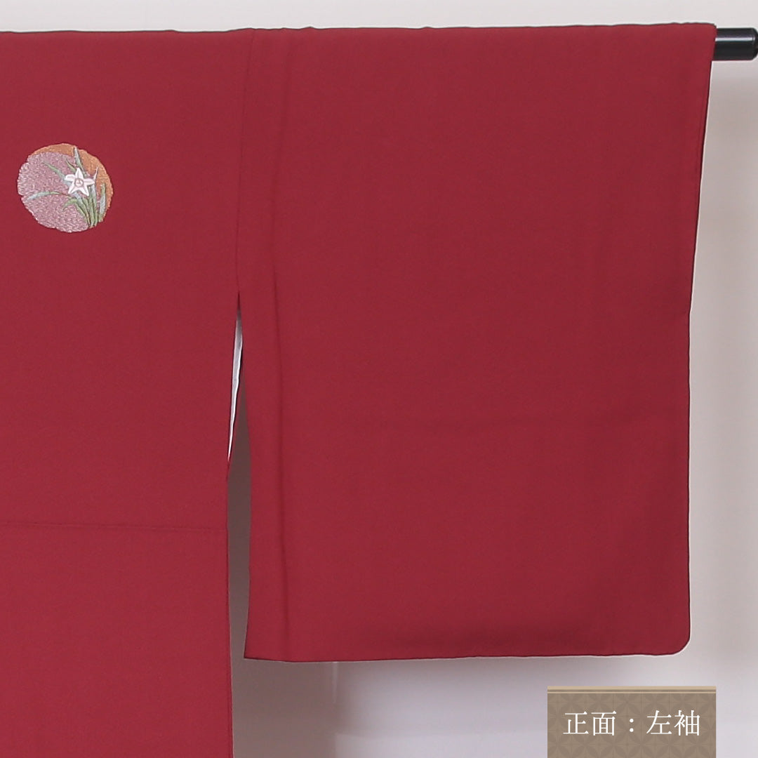 付下げ 袷 身丈160~164cm 裄68cm 正絹 丸文 刺繍 葡萄 赤系 Sランク 1212-00584