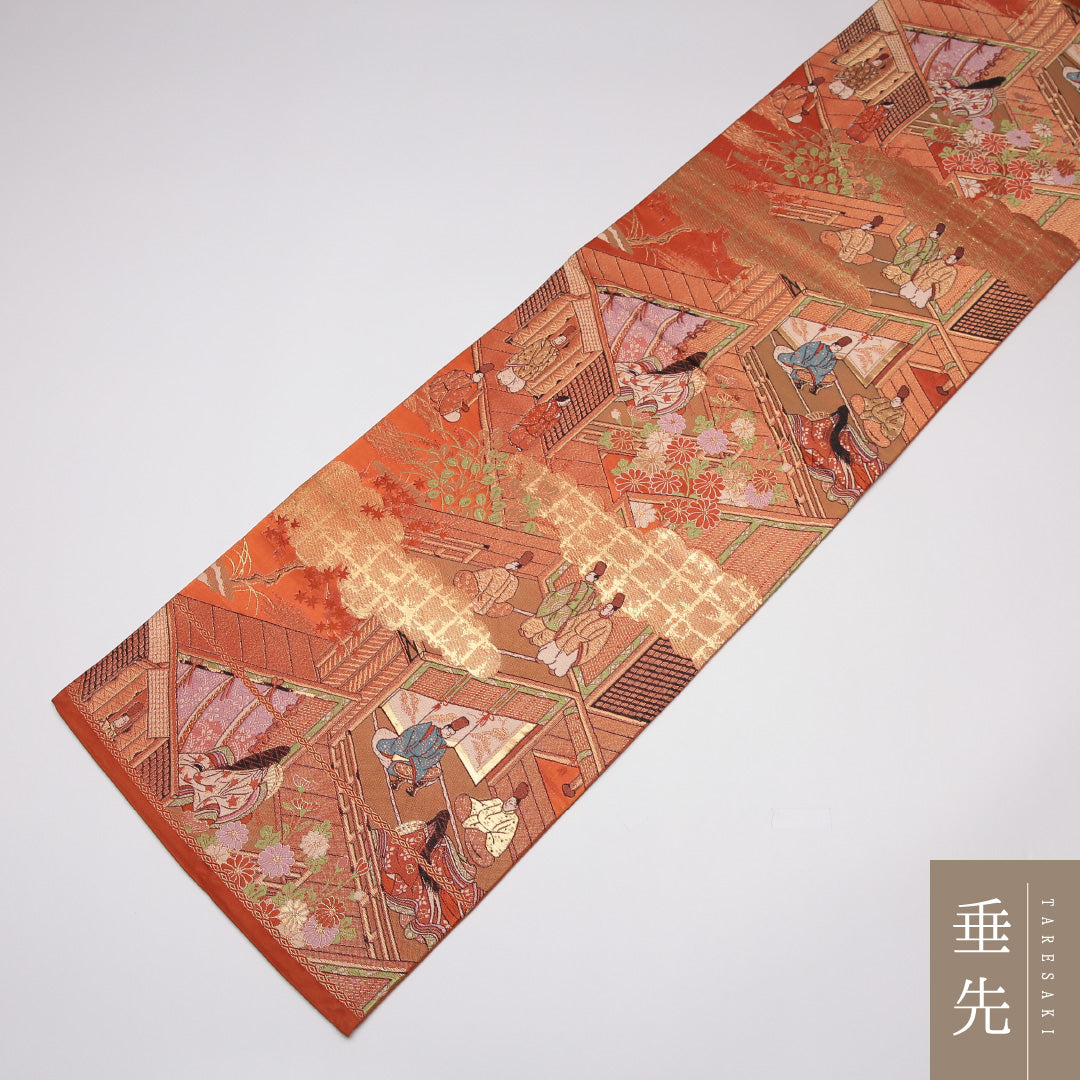 袋帯 帯丈420cm 正絹 六通 フォーマル 平安絵巻 雲取り 金系 朱系 1243-01169