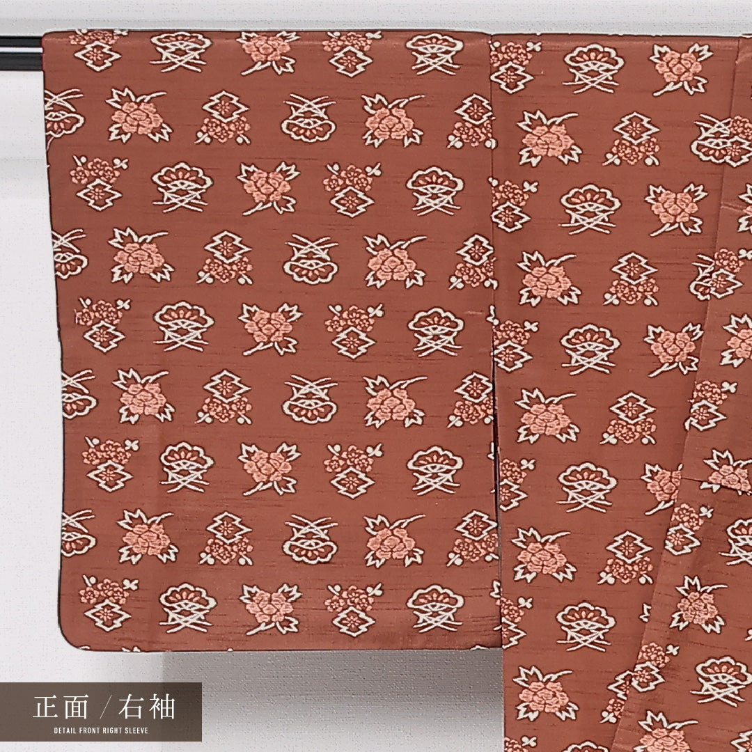 洗える着物 小紋 袷 身丈156cm 裄丈62cm ポリエステル Sランク インフォーマル 広衿 Mサイズ 花柄 松 古典柄 茶系 RP 1221-11887