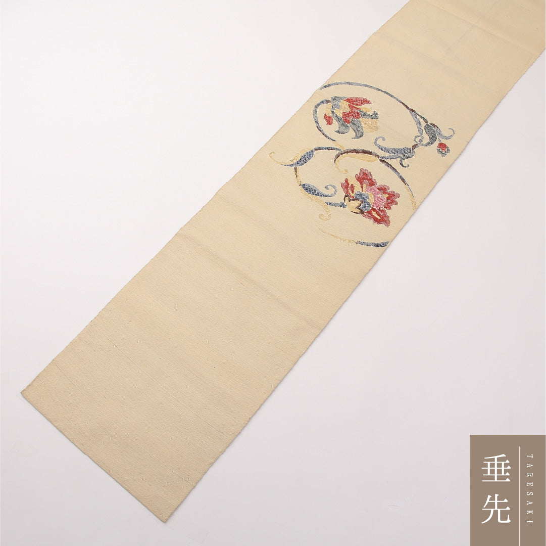 八寸名古屋帯 Sランク 帯丈343cm 正絹 ポイント柄 松葉仕立て 帯芯なし 織り カジュアル 紬 唐草華文 クリーム系 RP 1245-02272