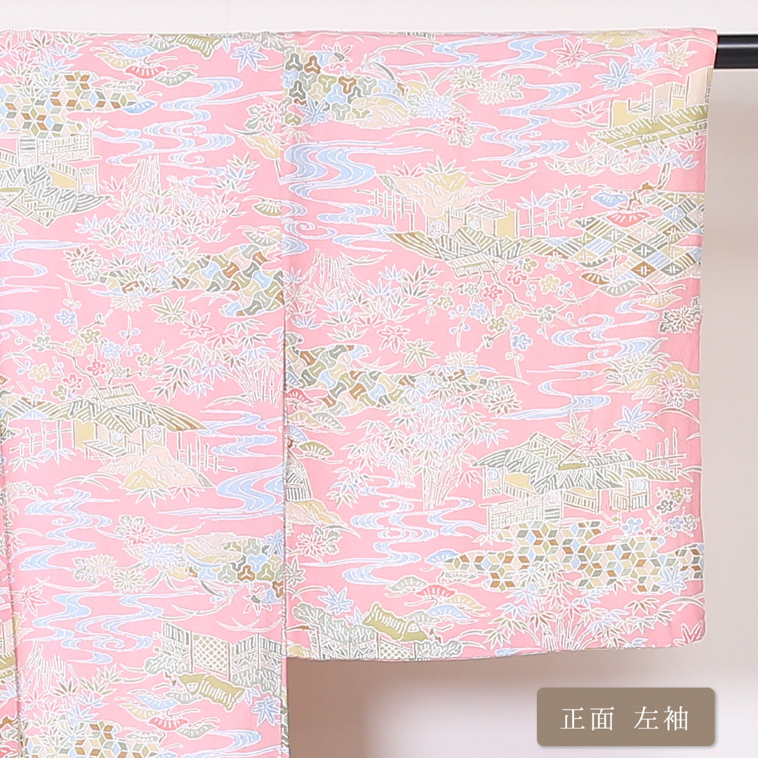 洗える着物 小紋 袷 身丈153cm 裄丈63cm ポリエステル Sランク インフォーマル バチ衿 Sサイズ 茶屋辻 ピンク系 RP 1221-01887