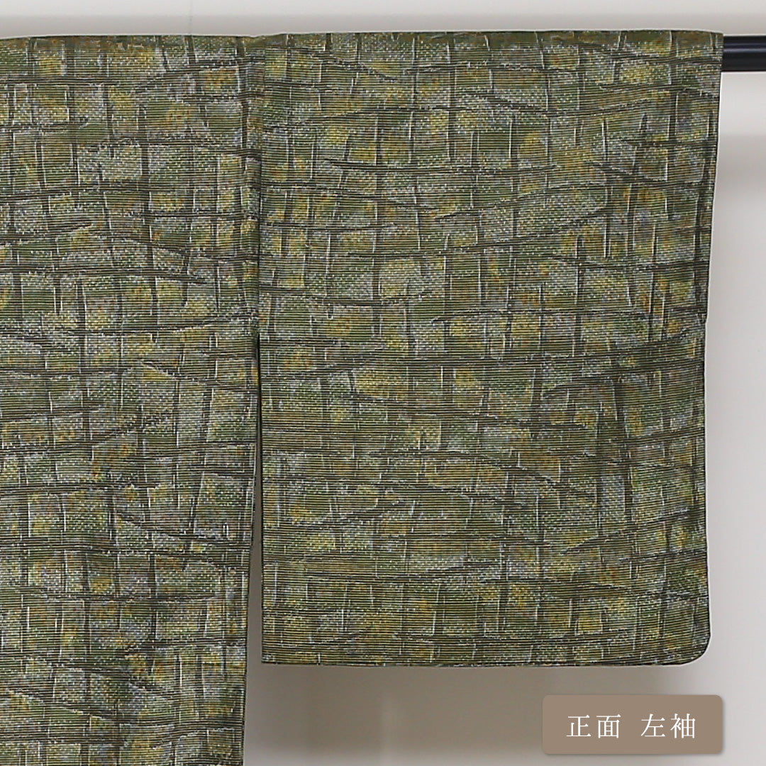 紬 袷 身丈157cm 裄丈65cm 正絹 Aランク カジュアル バチ衿 Mサイズ 創作柄 緑系 RP 1223-03122