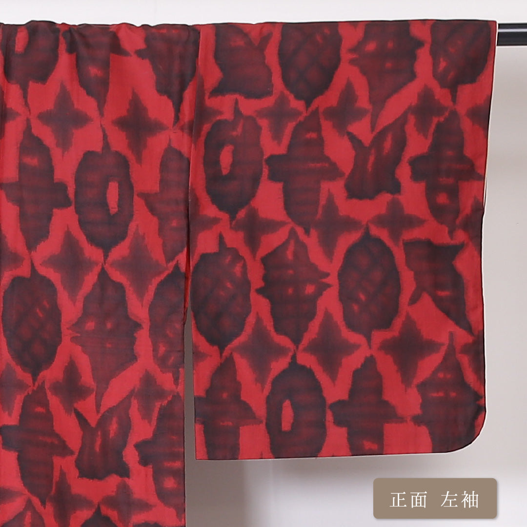 アンティーク 銘仙の着物 袷 身丈154cm 裄丈64cm 正絹 Bランク バチ衿 Sサイズ 創作柄 赤系 PO 1223-03298