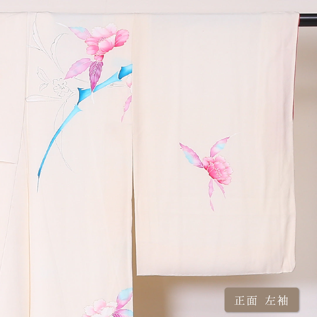 訪問着 袷 身丈161cm 裄丈62cm 正絹 Cランク Lサイズ 広衿 セミフォーマル 牡丹 金駒刺繍 クリーム系 1212-04478