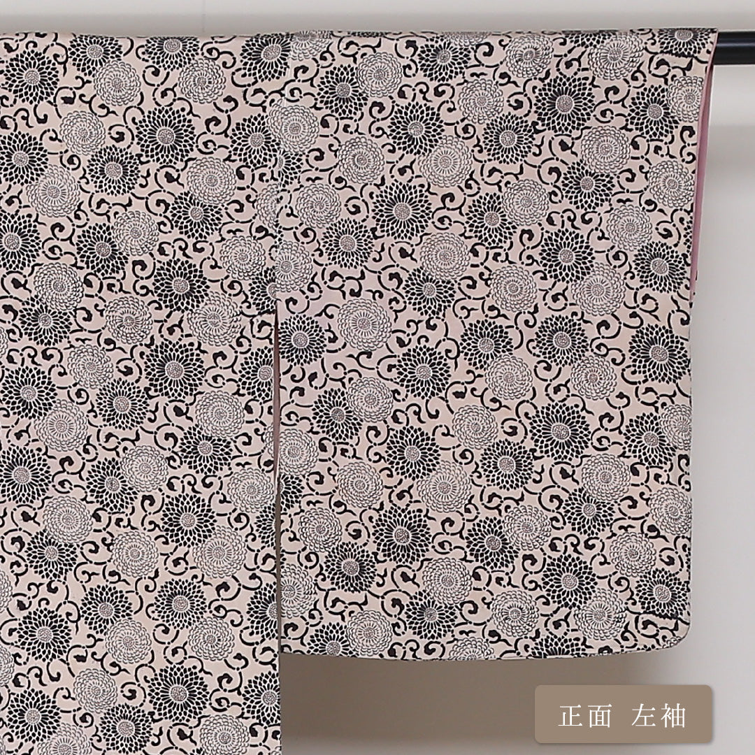 アンティーク 小紋 袷 身丈149cm 裄64.5cm ベージュ系 菊 唐草 正絹 Bランク 1215-01676-4125