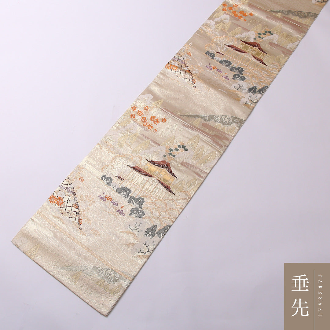 袋帯 帯丈436cm 正絹 六通 純金箔24K 京の四季 セミフォーマル 京洛百景 クリーム系 クリーム系 1243-01565
