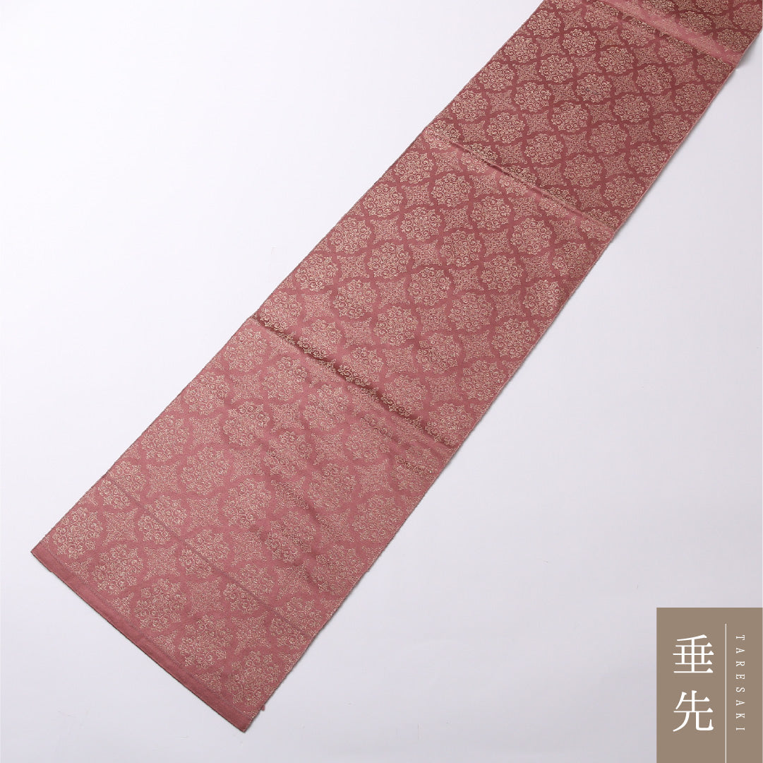 八寸名古屋帯 Aランク 帯丈331cm 正絹 六通 松葉仕立て 織り インフォーマル 名物裂 ピンク系 RP 1245-02565