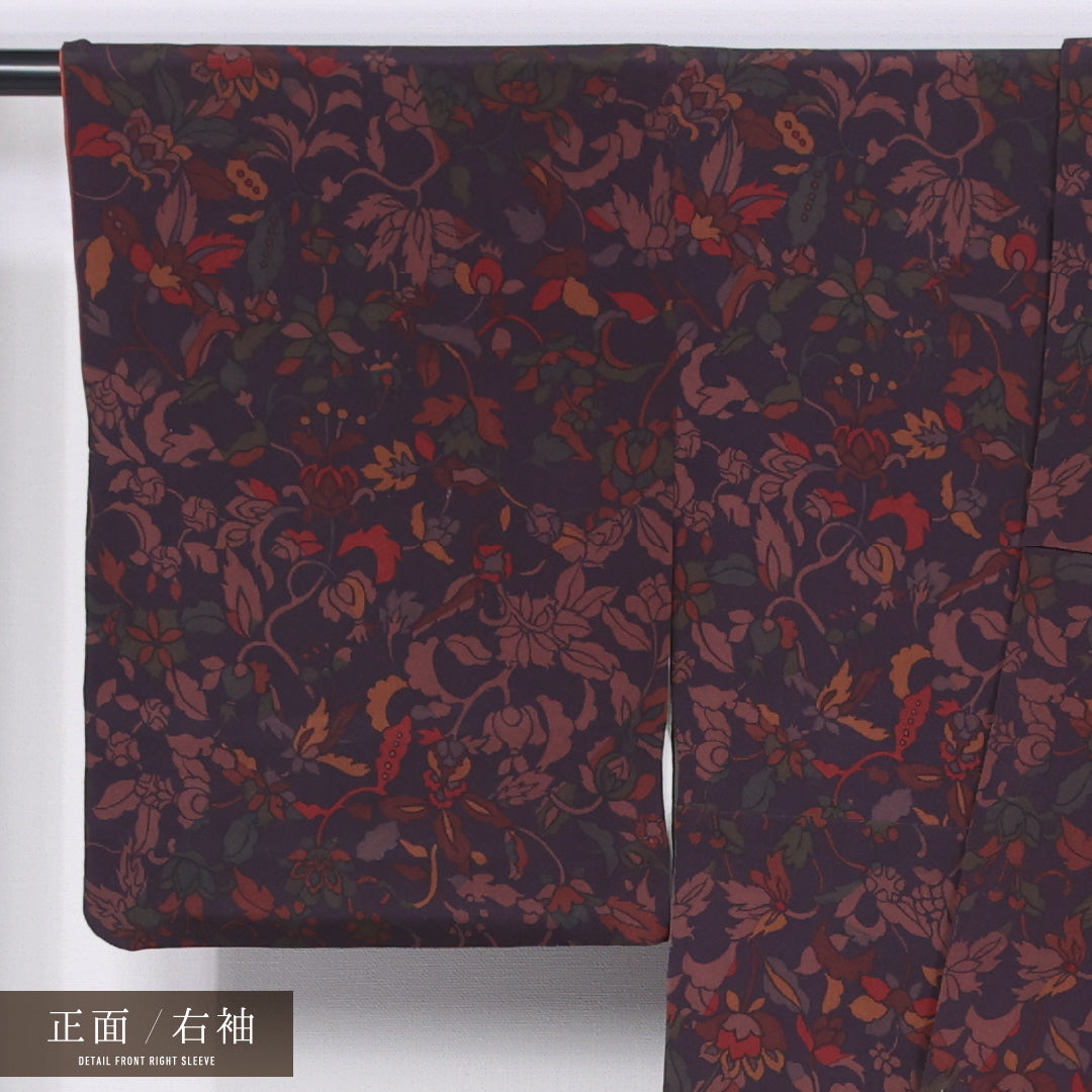 小紋 袷 身丈158cm 裄丈63cm 正絹 Sランク インフォーマル 広衿 Mサイズ 唐草華文 紫系 M4 1221-11412