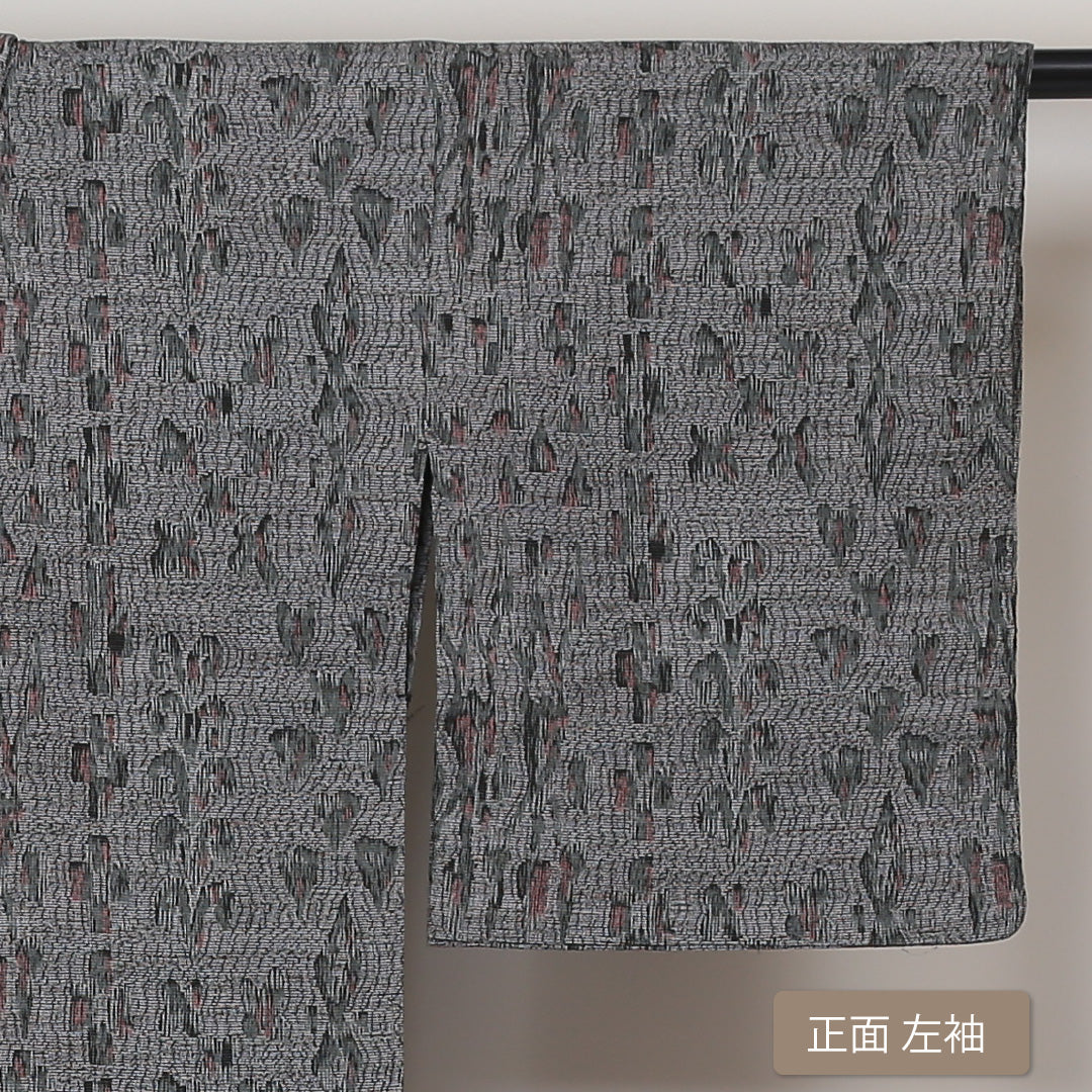 麻の紬 夏物 洗える着物 夏物 身丈146cm 裄丈62cm 麻 Cランク XSサイズ バチ衿 カジュアル 居敷当て 肩当て 創作柄 グレー系 1216-01378
