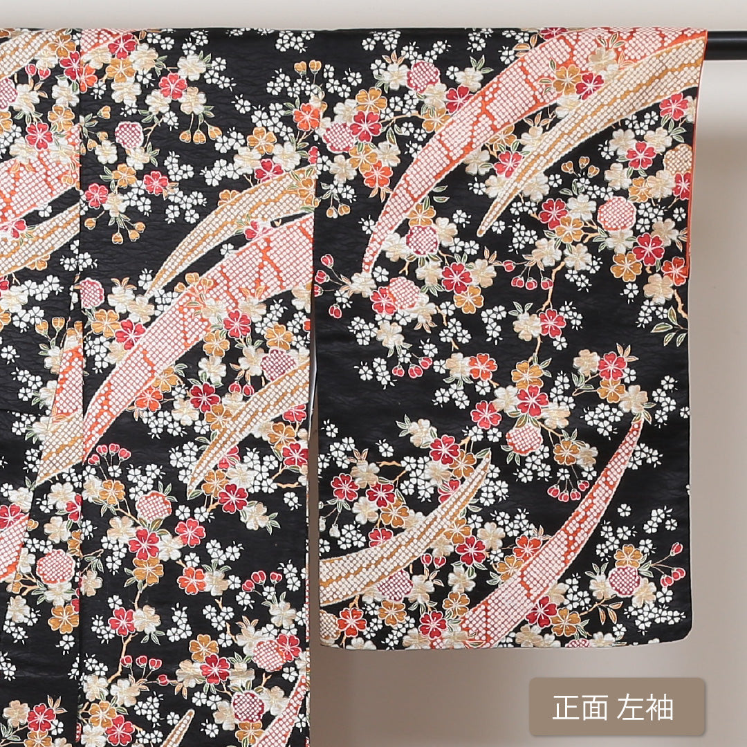 小紋 洗える着物 袷 身丈159cm 裄丈62cm ポリエステル Aランク Mサイズ 広衿 インフォーマル 古典柄 花柄 黒系 ピンク系 1215-01407