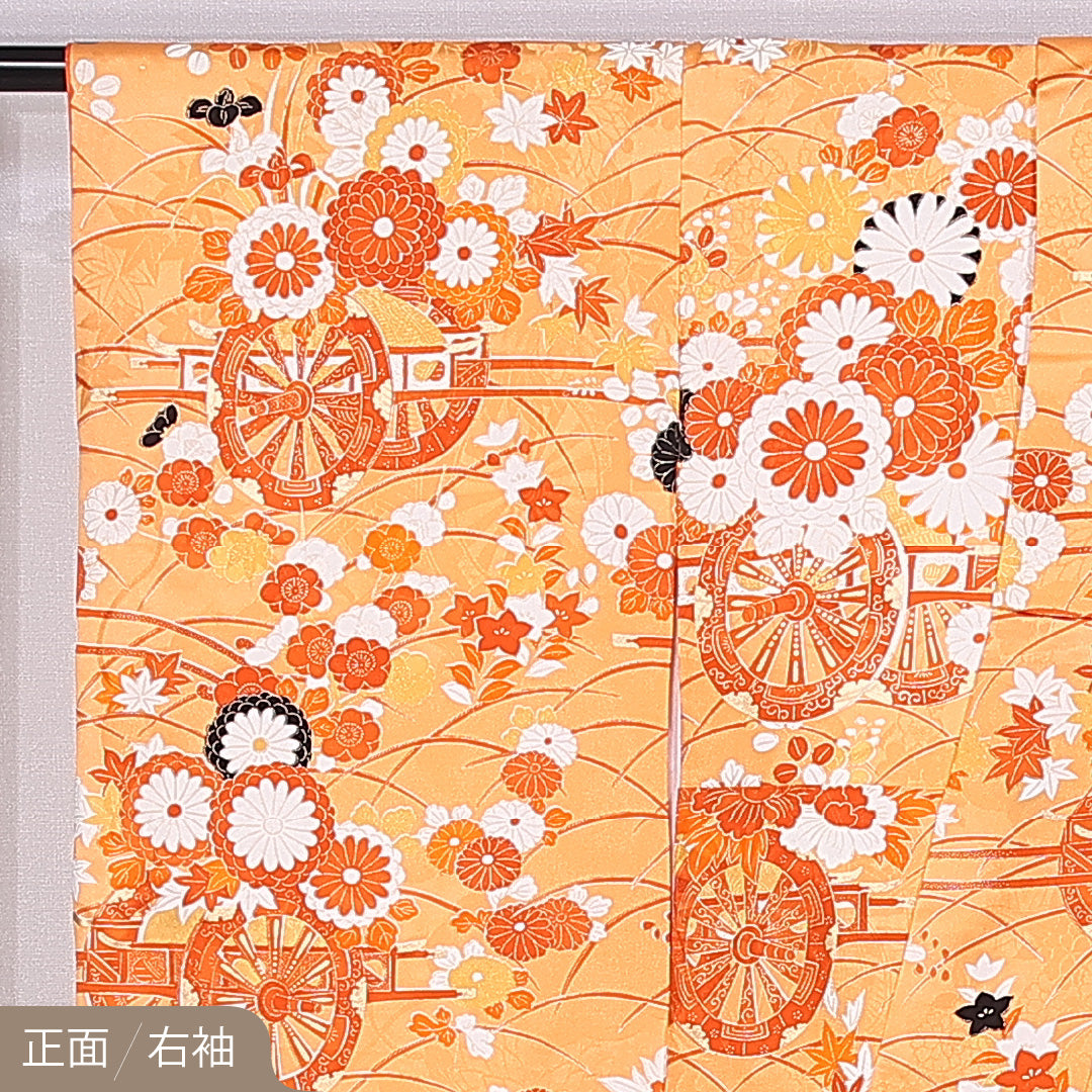 振袖 身丈160cm 裄丈64cm 袷 正絹 Sランク 広衿 花車 牡丹 紅葉 菊 芝草 金駒刺繍 1213-F0393