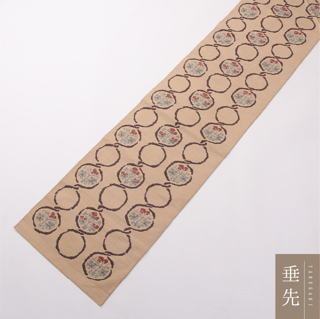 名古屋帯 紬地 六通 帯丈343cm カジュアル Cランク 正絹 花柄 ベージュ系 1224-02369