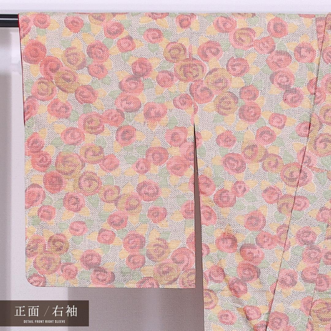 大島紬 袷 身丈155cm 裄丈63cm 正絹 Sランク インフォーマル バチ衿 Mサイズ 薔薇 ピンク系 M4 1223-11596