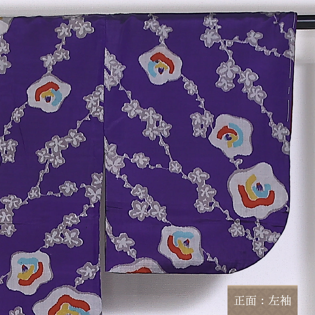 アンティーク 銘仙 紬 袷 身丈142cm 裄62.5cm 正絹 花柄 紫系 Dランク 1216-01432