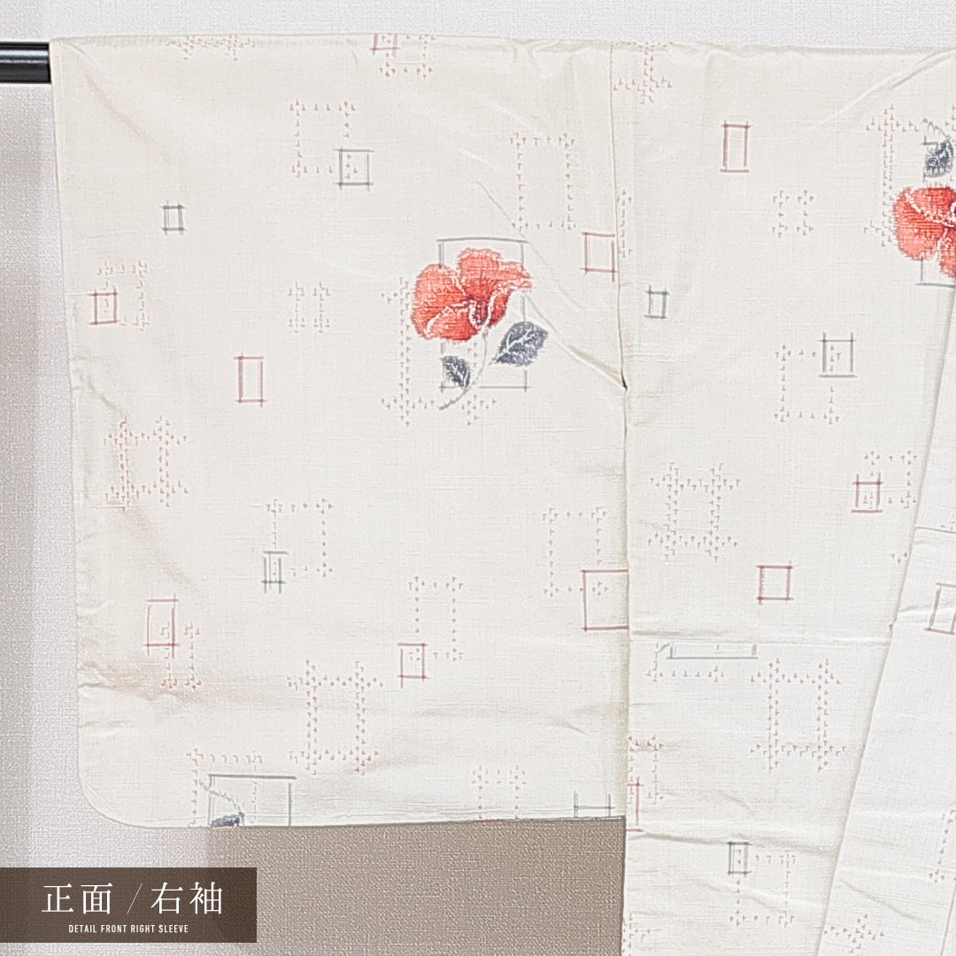 紬 袷 身丈159cm 裄丈66cm 正絹 Cランク カジュアル バチ衿 Mサイズ 花柄 クリーム系 LP 1223-15613