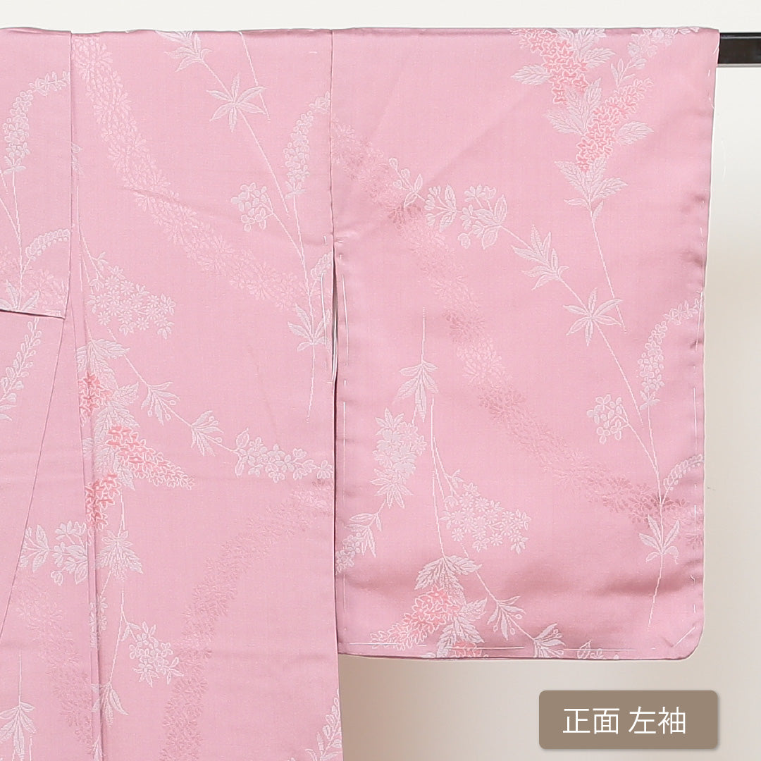 洗える着物 小紋 袷 身丈151cm 裄丈63cm ポリエステル Sランク インフォーマル 広衿 Sサイズ 織り出し しつけ糸 花柄 植物柄 ピンク系 RP 1221-00966