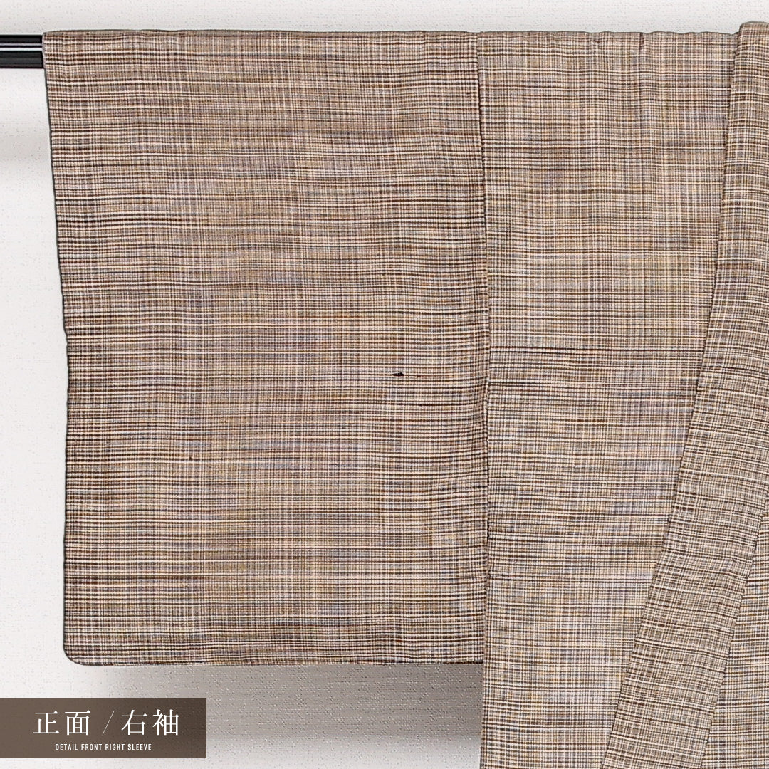 紬 袷 身丈143cm 裄丈61cm 正絹 Cランク カジュアル バチ衿 XSサイズ 格子 茶系 HP 1223-13628