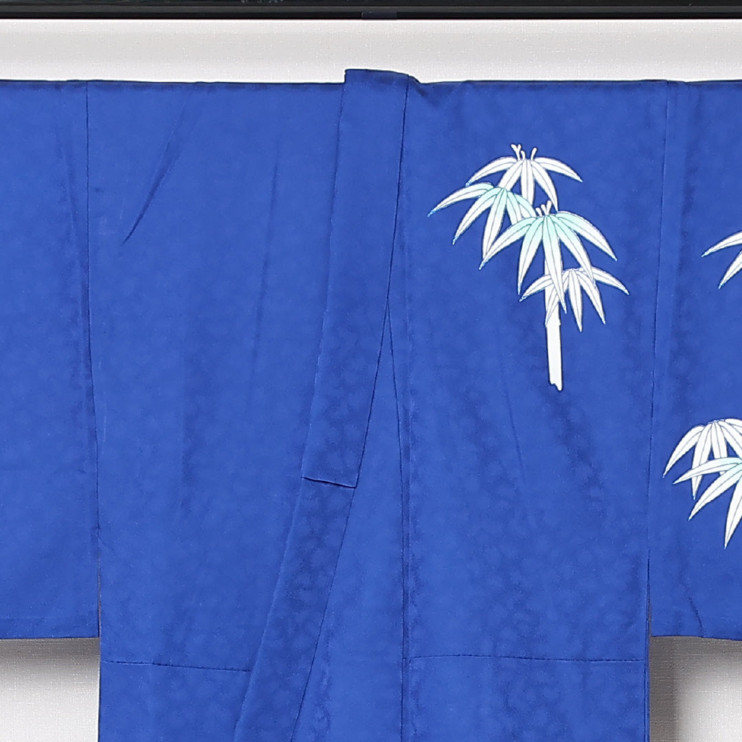 洗える着物 男着物 単衣 身丈147cm 裄丈67cm ポリエステル Sランク カジュアル 棒衿 Lサイズ 絵羽 居敷当て 肩当て 笹 竹 青系 RP 1224-12985