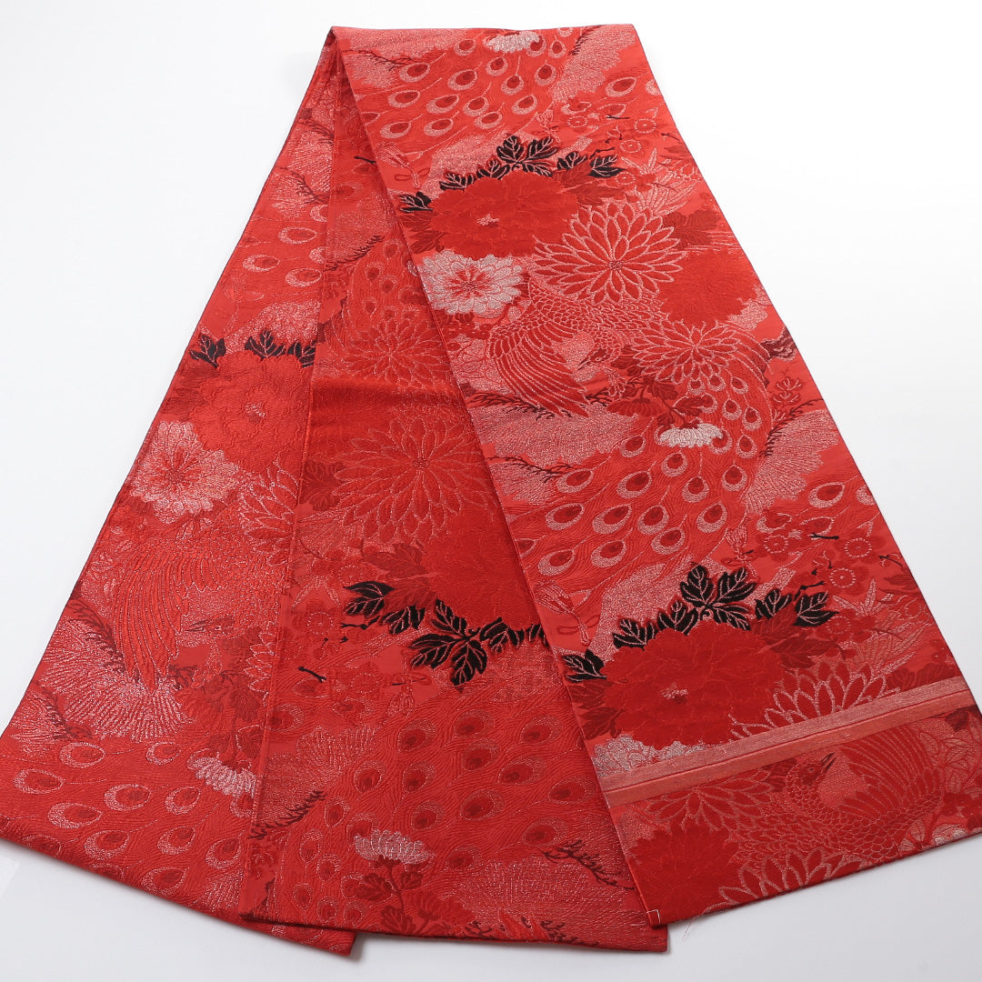 アンティーク 丸帯 帯丈374cm 全通 孔雀 牡丹 菊 吉祥文様 フォーマル 赤系 正絹 Aランク 1223-00726