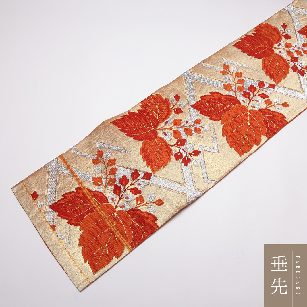 袋帯 帯丈412cm Aランク 全通 正絹 桐 松皮菱 フォーマル 朱系 1223-01403