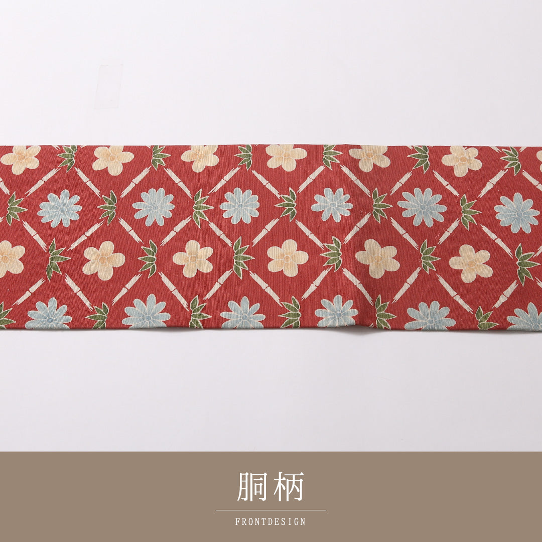 九寸名古屋帯 Aランク 帯丈345cm 正絹 全通 名古屋仕立て 染め カジュアル 紬 花菱 梅 笹 朱系 LP 1245-02976