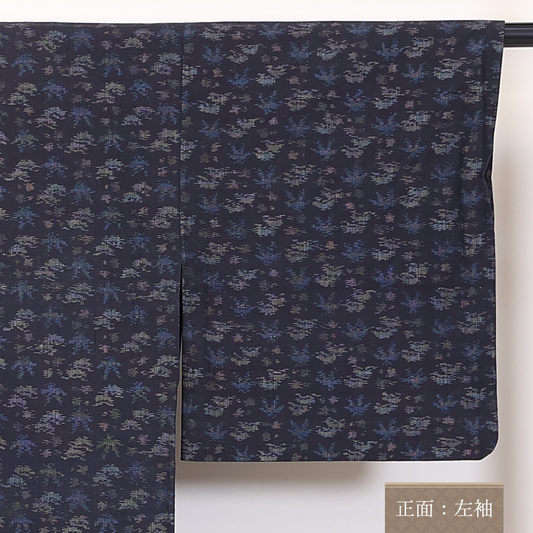 紬 単衣 身丈148cm 裄丈62cm 正絹 Aランク カジュアル 広衿 XSサイズ 創作柄 紺系 RP 1223-03731