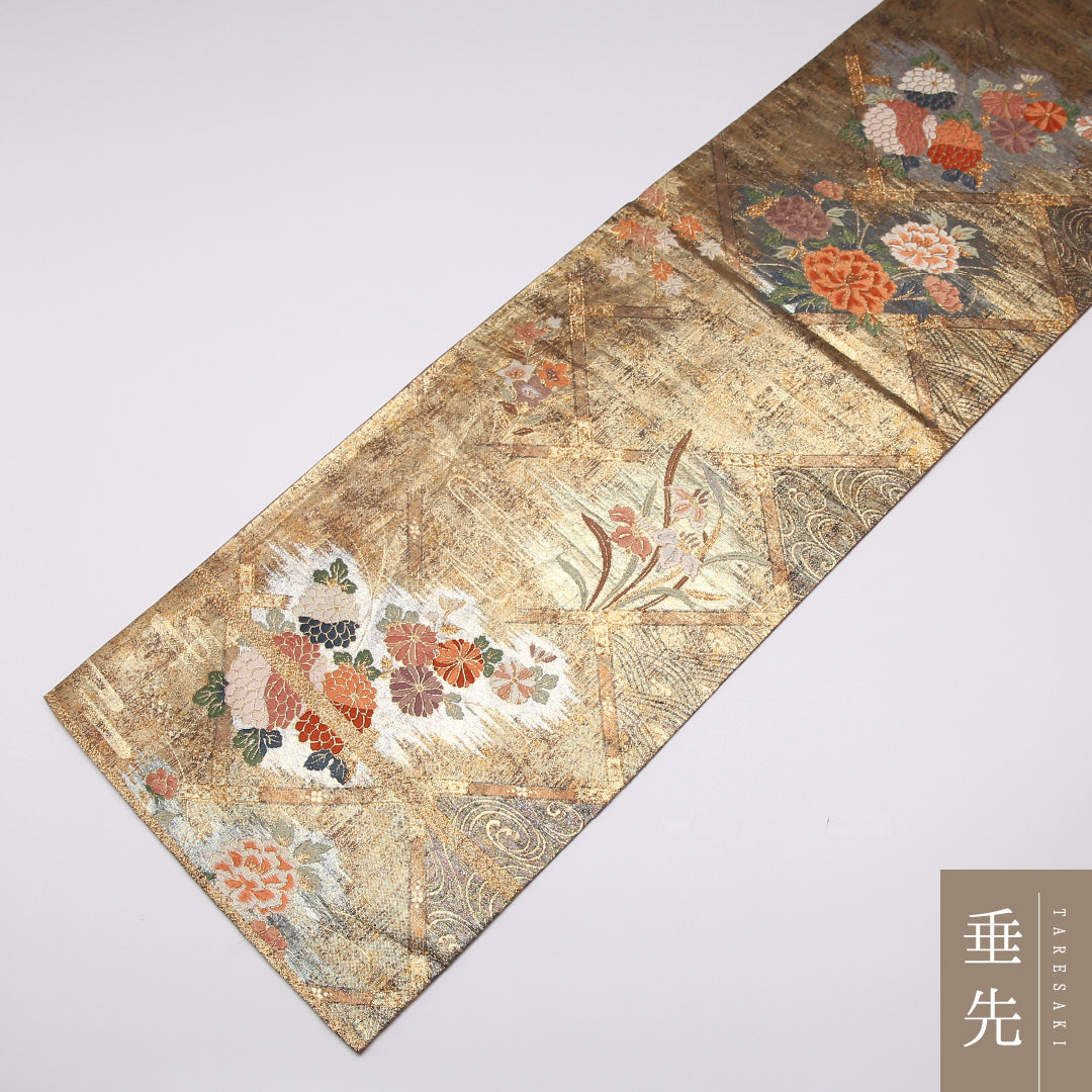 袋帯 帯丈444cm 六通 未仕立て 菊 牡丹 帯芯なし フォーマル 金系 正絹 Aランク 1223-01005