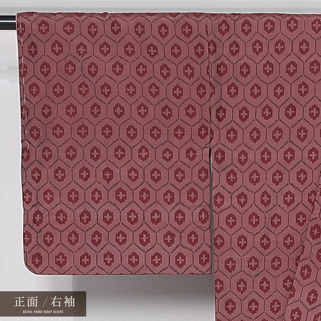 紬 袷 身丈144cm 裄丈63cm 正絹 Cランク カジュアル バチ衿 XSサイズ 亀甲 赤系 LP 1223-12007